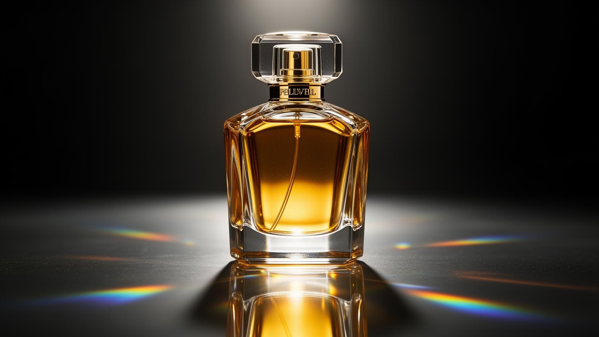 Luxury perfume bottle with golden amber liquid